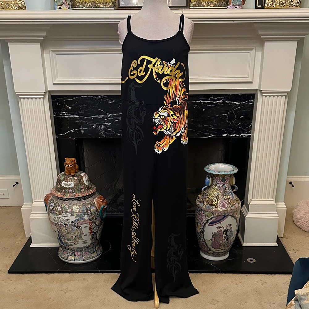 “Ed Hardy” Black Bodysuit with Gold and Orange Tiger